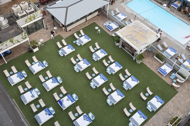 An aerial shot of the rooftop pool lounge Profundo in Long Island City.